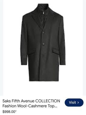 Saks Fifth Avenue Black 100% Cashmere Pea Coat with Zip out Bib 42R